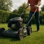 Osoba používa regulátor kosačky na čerstvo pokosenom trávniku