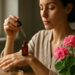 Žena aplikuje pelargóniový olej na zápästie s kvetinami v pozadí.