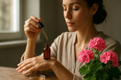 Žena aplikuje pelargóniový olej na zápästie s kvetinami v pozadí.