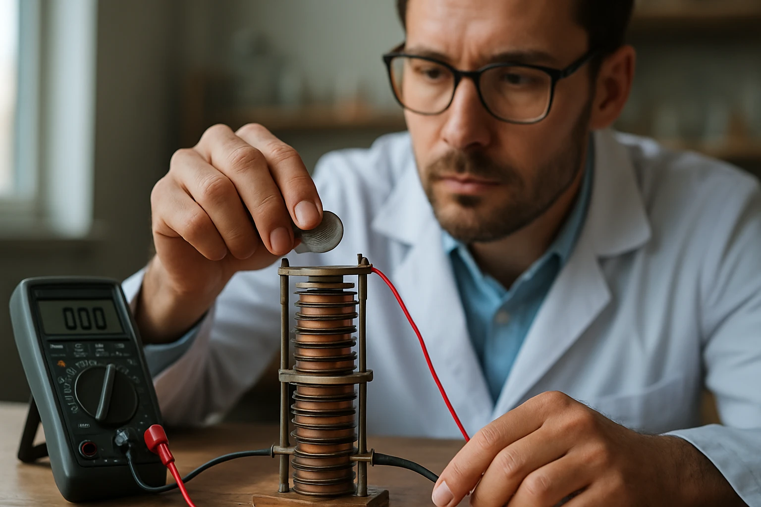 Vedec skúma Voltaov článok a jeho elektrické vlastnosti.