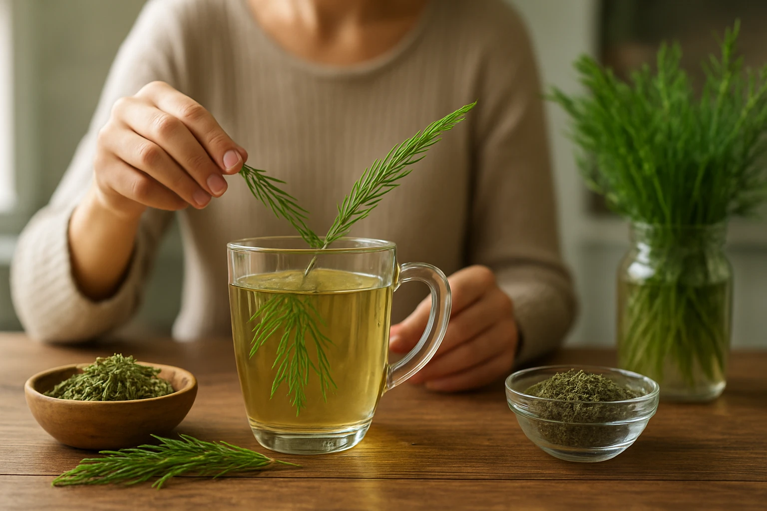 Žena pripravuje čaj z nátržníka husieho s bylinkami na drevenom stole.