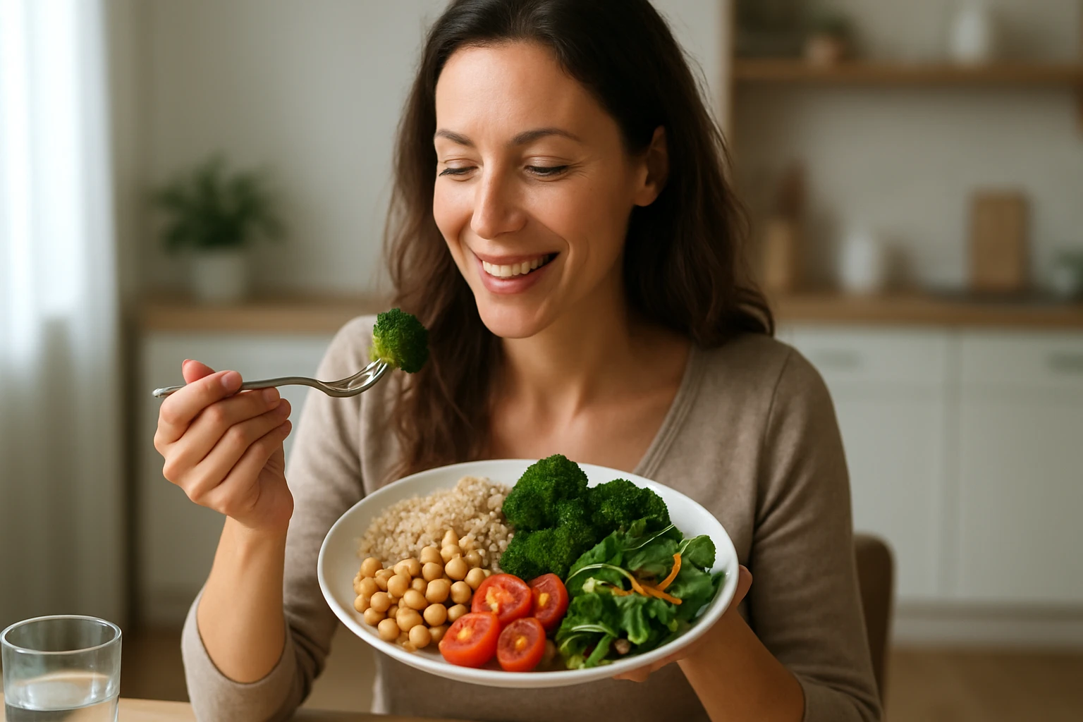 Žena si vychutnáva tanier zdravých potravín s brokolicou a cícerom