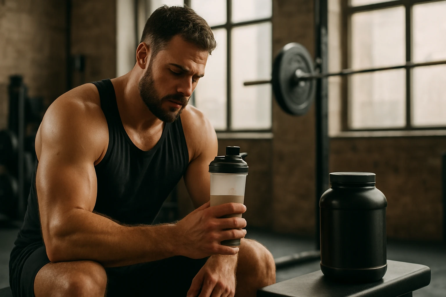 Muž s kreatínom a proteínom na posilňovaní v telocvični