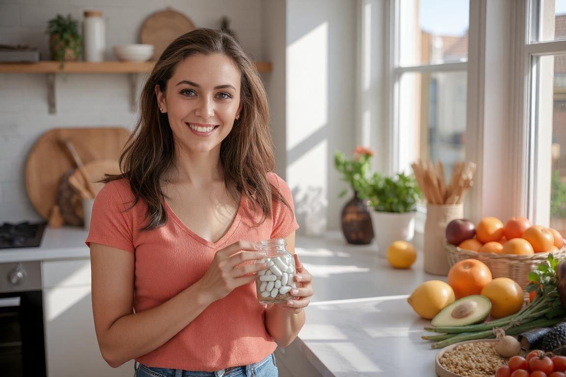 Žena s pohárom horčíkových doplnkov na pozadí zdravej stravy.