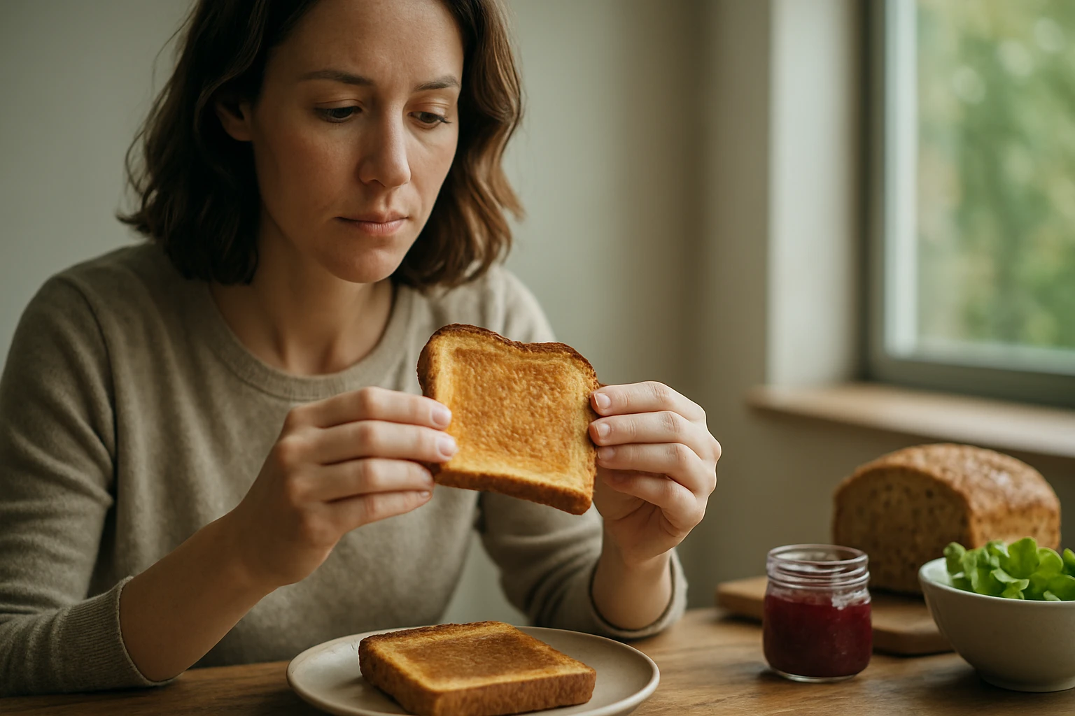 Žena hodnotí opečený chlieb na tanieriku v útulnej kuchyni