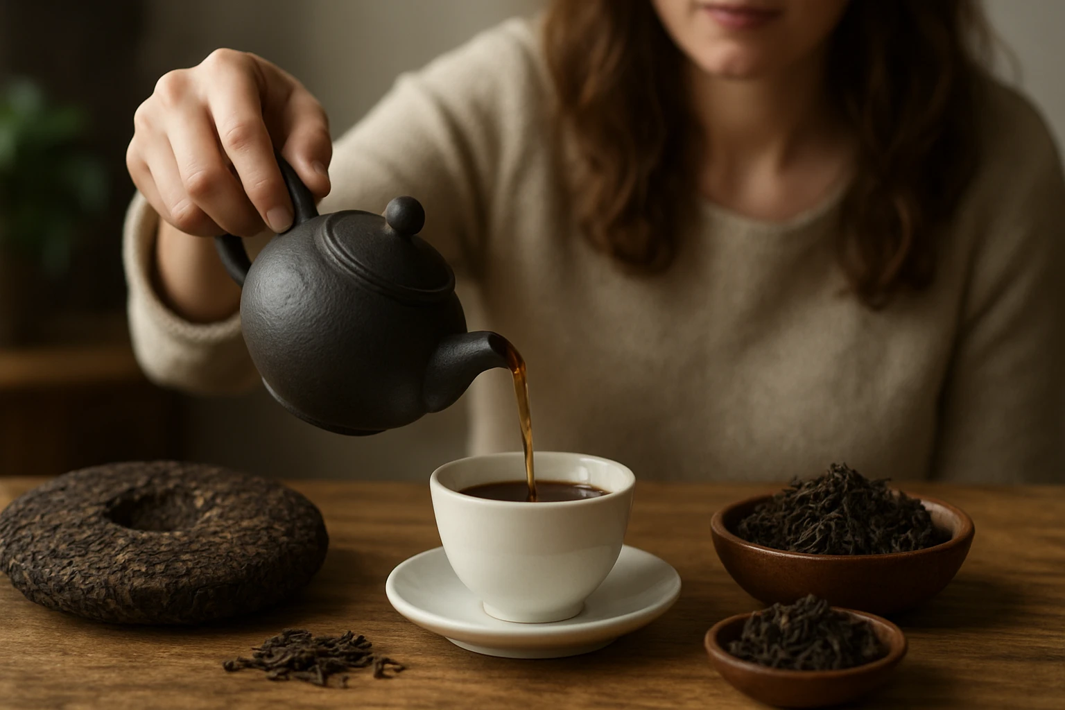Žena nalieva pu-erh čaj do šálky z tepaného čajníka