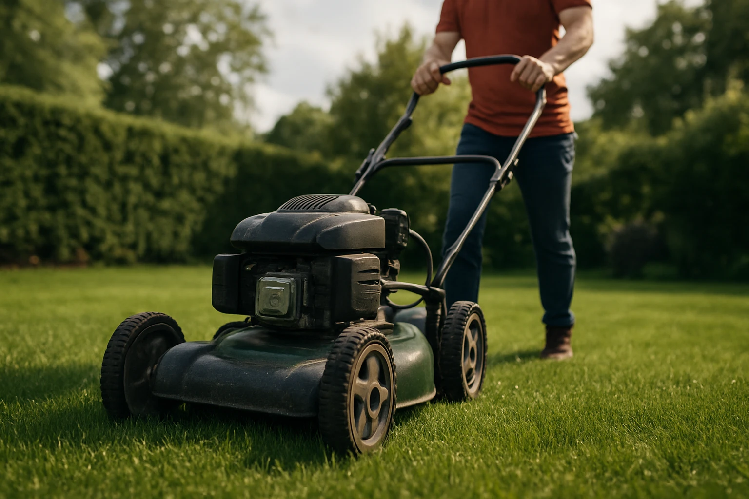 Osoba používa regulátor kosačky na čerstvo pokosenom trávniku