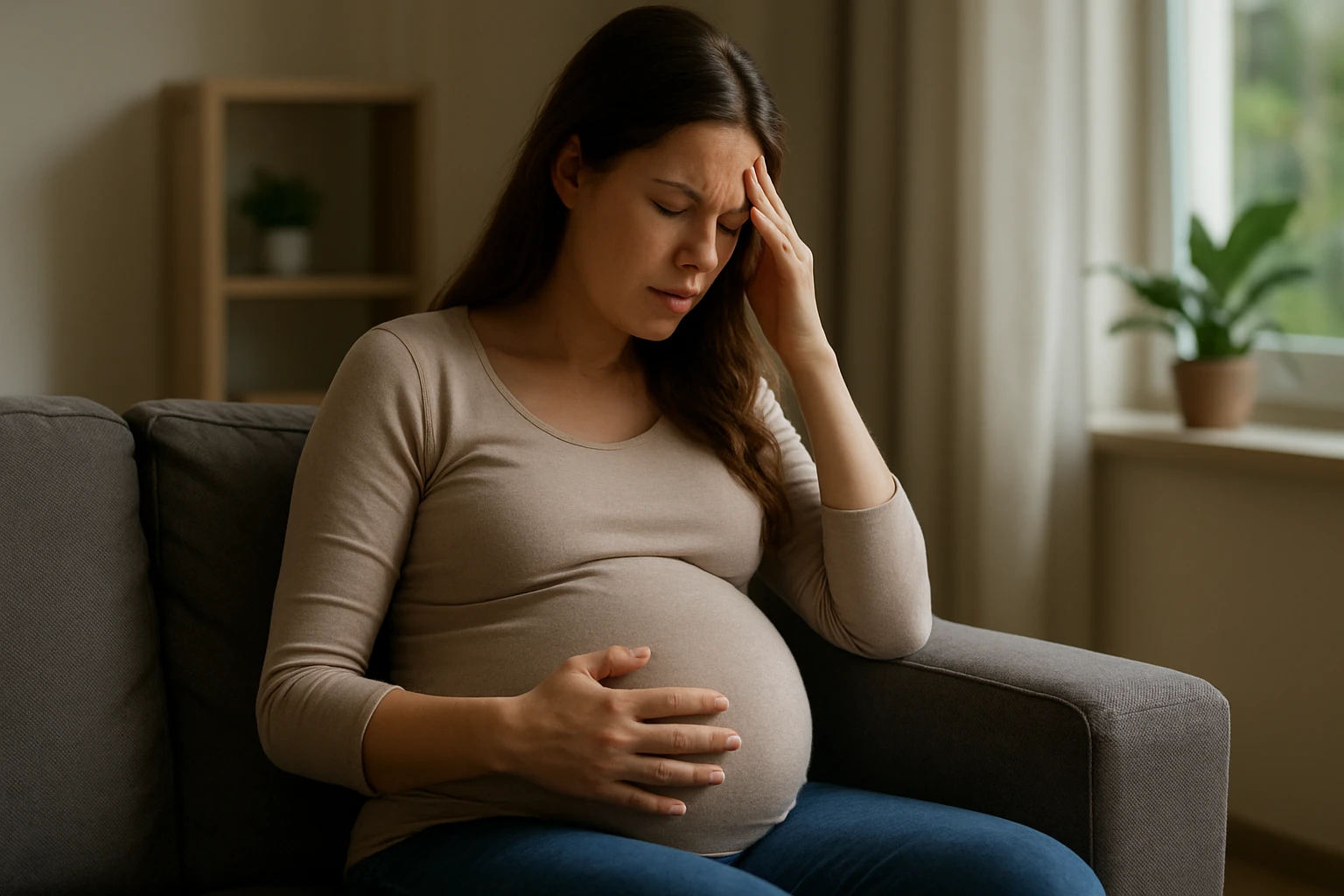 Tehotná žena s pocitom úzkosti a bolesti hlavy počas tehotenstva
