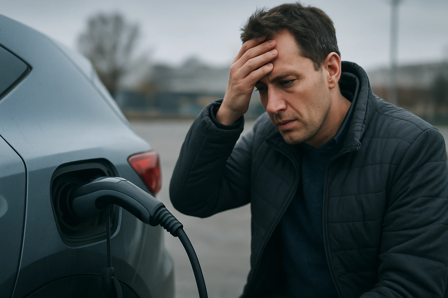 Muž s ťažkosťami pri nabíjaní elektromobilu.