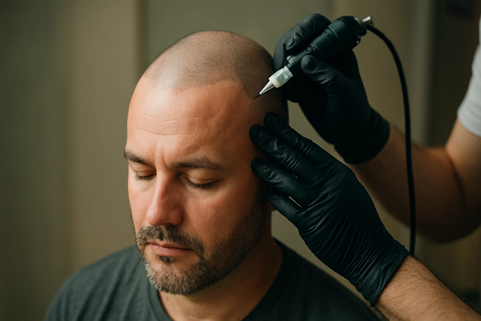 Tetovanie vlasovej pokožky na mužovi pre zlepšenie vzhľadu.