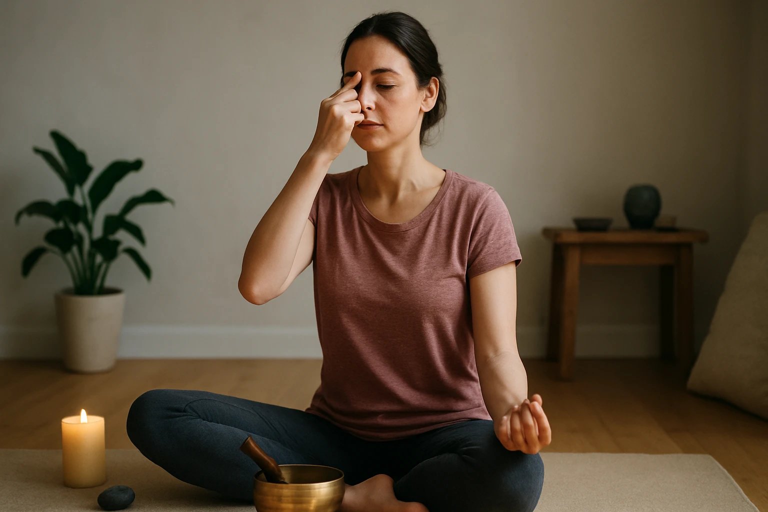 Žena cvičí tibetské rituály pre duševnú a telesnú obnovu.