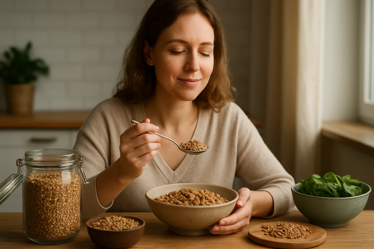 Žena vychutnáva misku pohánky bohatú na vlákninu a živiny.
