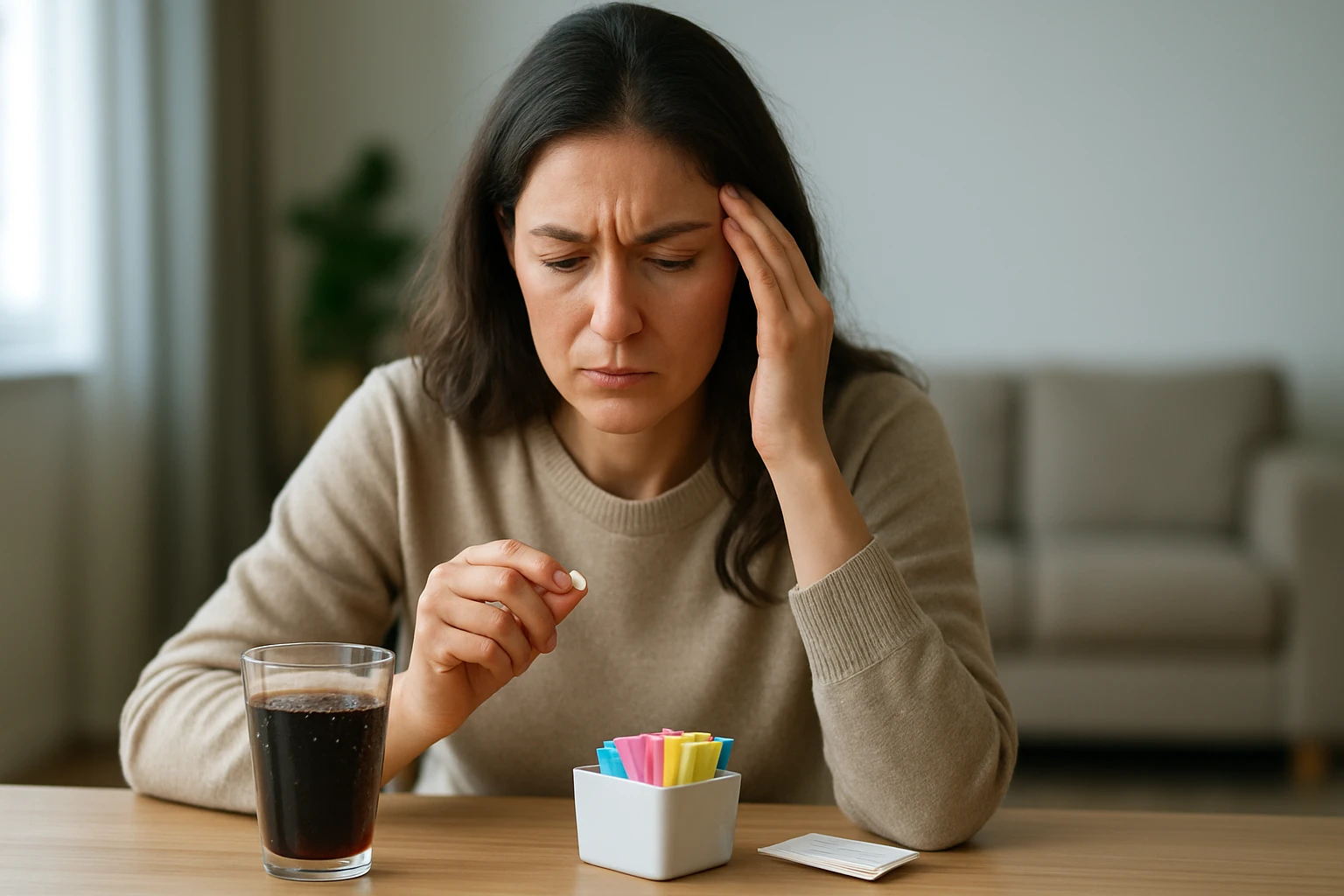 Žena premýšľa nad umelým sladidlom pri pohári nápoja.