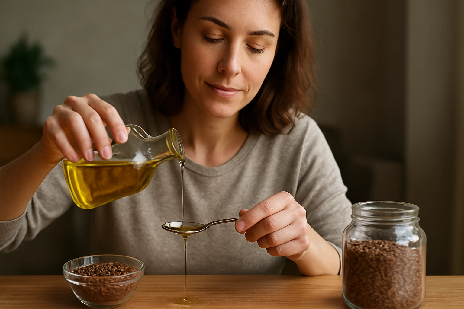 Žena nalievajúca ľanový olej do lyžičky s ľanovými semienkami na stole.