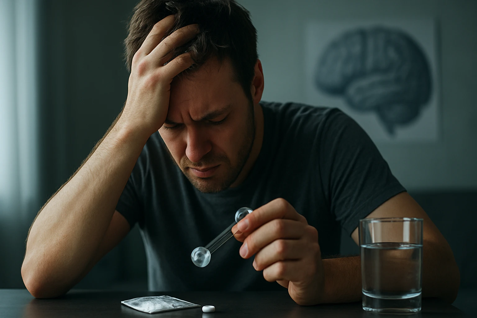 Muž s úzkosťou, skúma amfetamín a jeho vplyv na mozog.