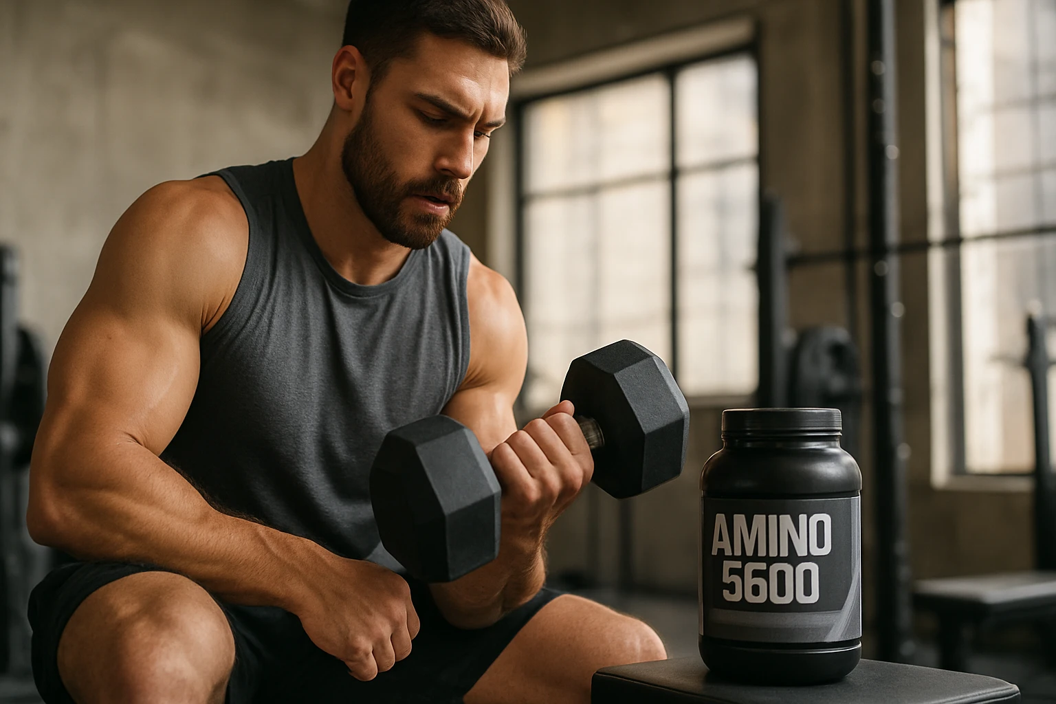 Muž cvičiaci s činkou vedľa doplnku Amino 5600