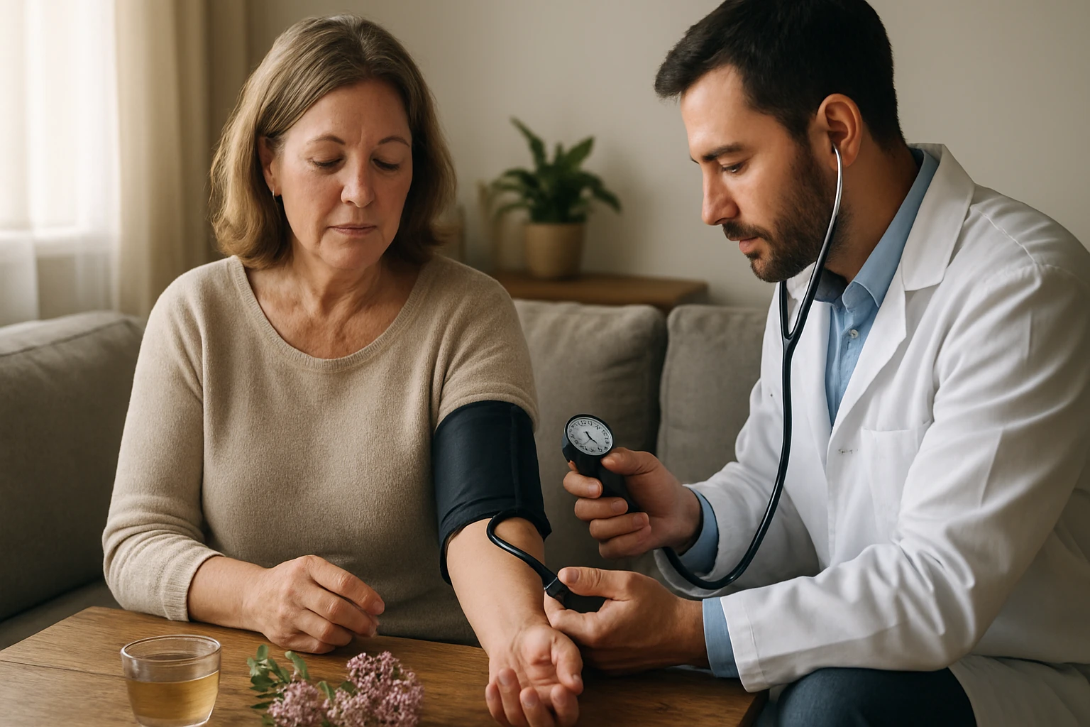 Lekár meria krvný tlak pacientky s valeriánou na stolíku.