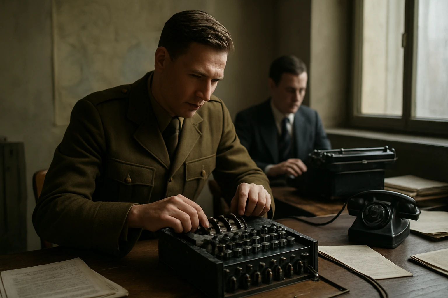 Vojak pracuje s nemeckým šifrovacím strojom Enigma počas druhej svetovej vojny.