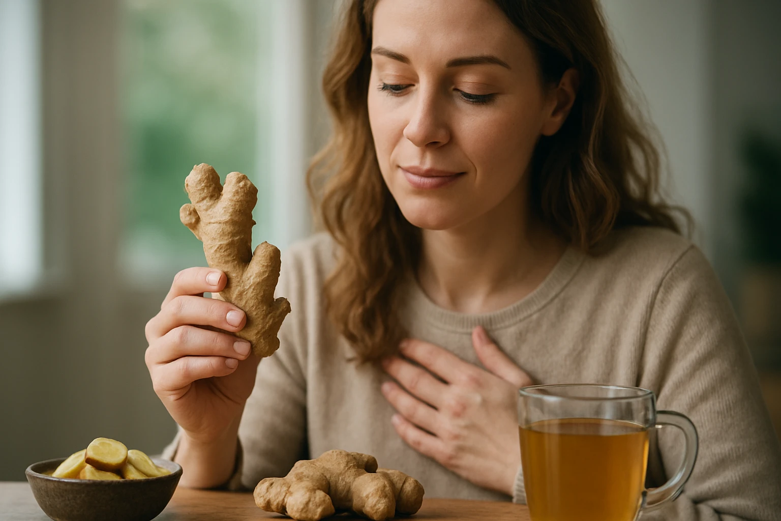 Žena s čerstvým zázvorom a šálkou zázvorového čaju