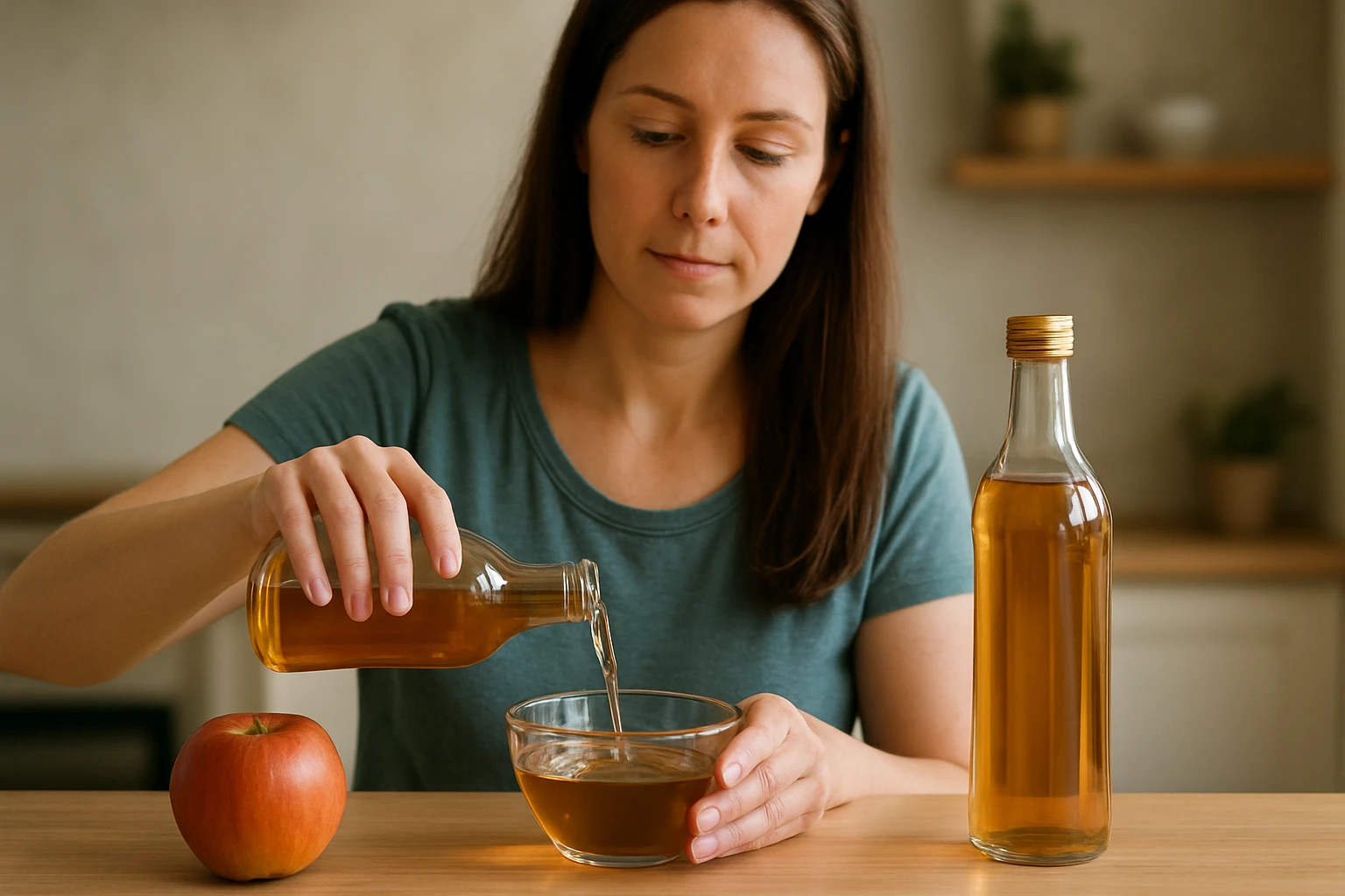 Žena nalieva jablkový ocot do misky v kuchyni.