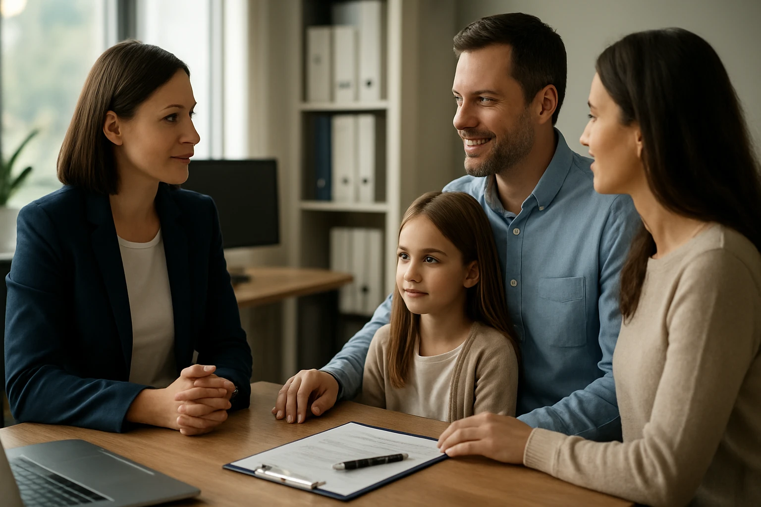 Rodina diskutuje s odborníkom o zdravotnej poisťovni.
