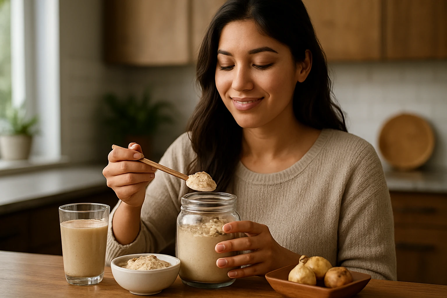 Žena pridáva maca prášok do zdravého smoothie a ovsených kaší.