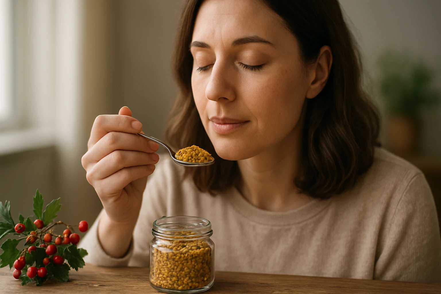 Žena vychutnávajúca peľ hlohu s uzáverom sklenenej nádoby