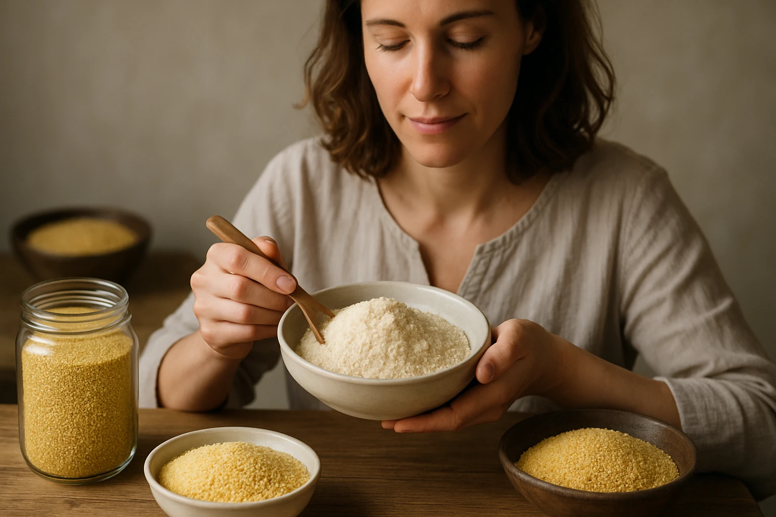 Žena s miskou proso múky a usmievajúca sa na zdravú stravu.