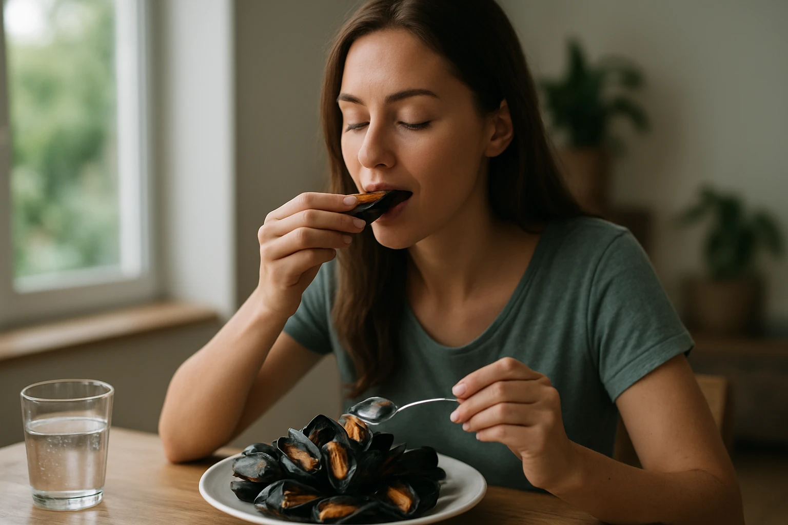 Žena vychutnáva slávky jedlé na tanieri