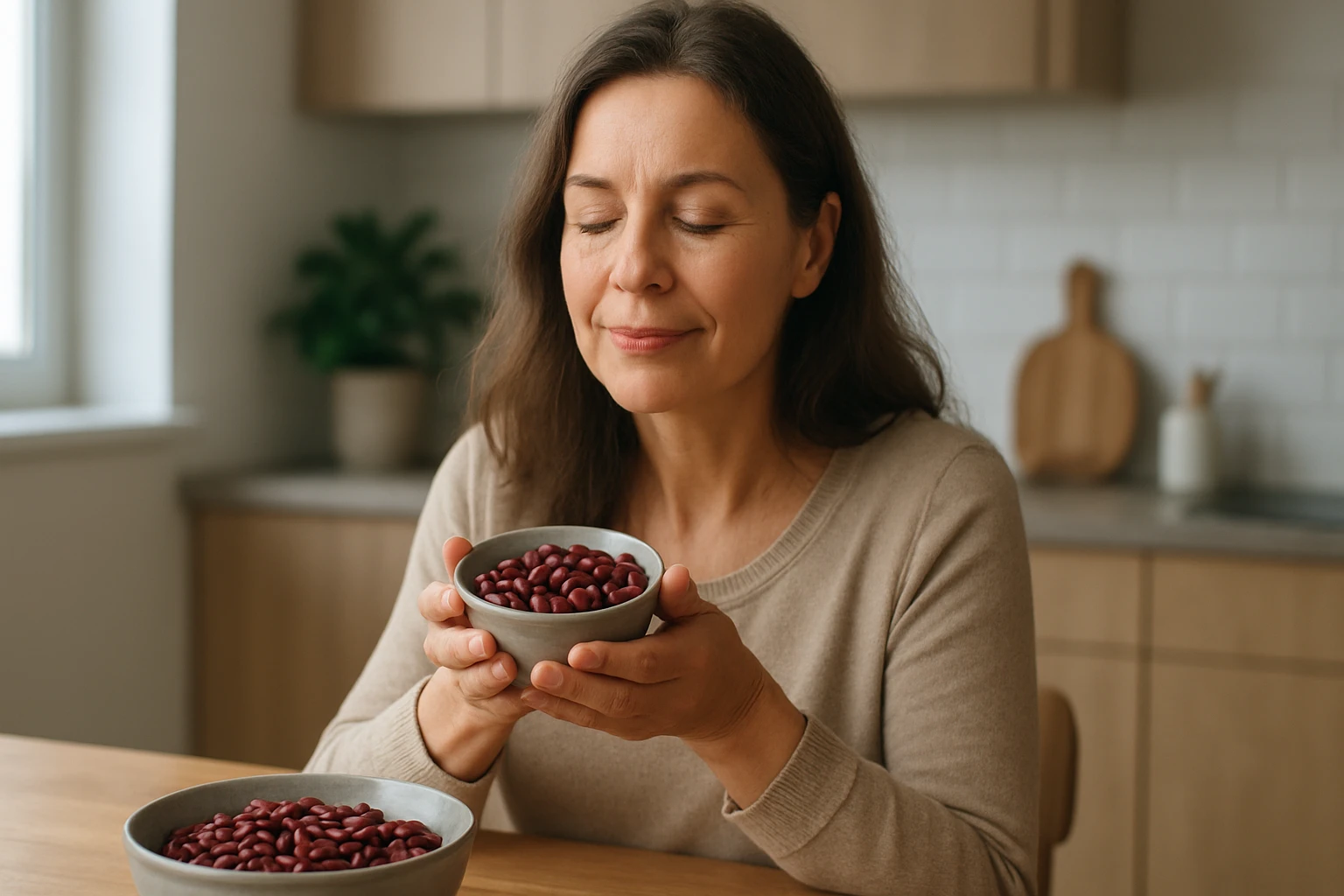 Žena vychutnávajúca červenú fazuľu v kuchyni