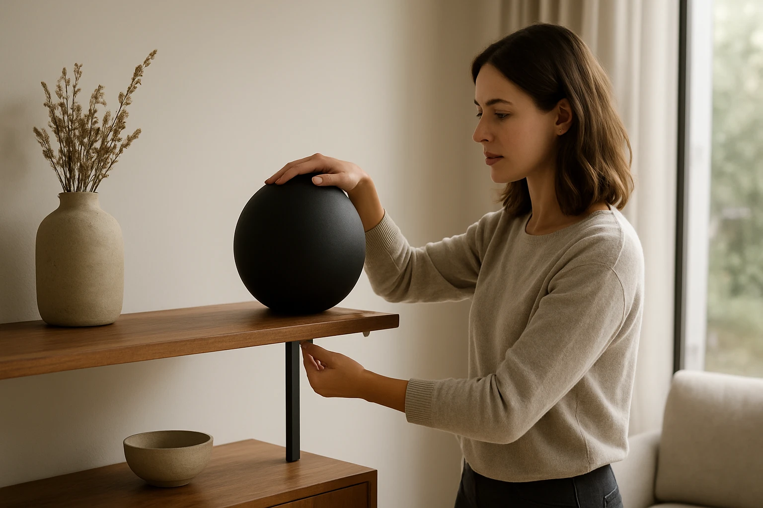 Žena umiestňujúca protizávažie na drevený nábytok v modernom interiéri