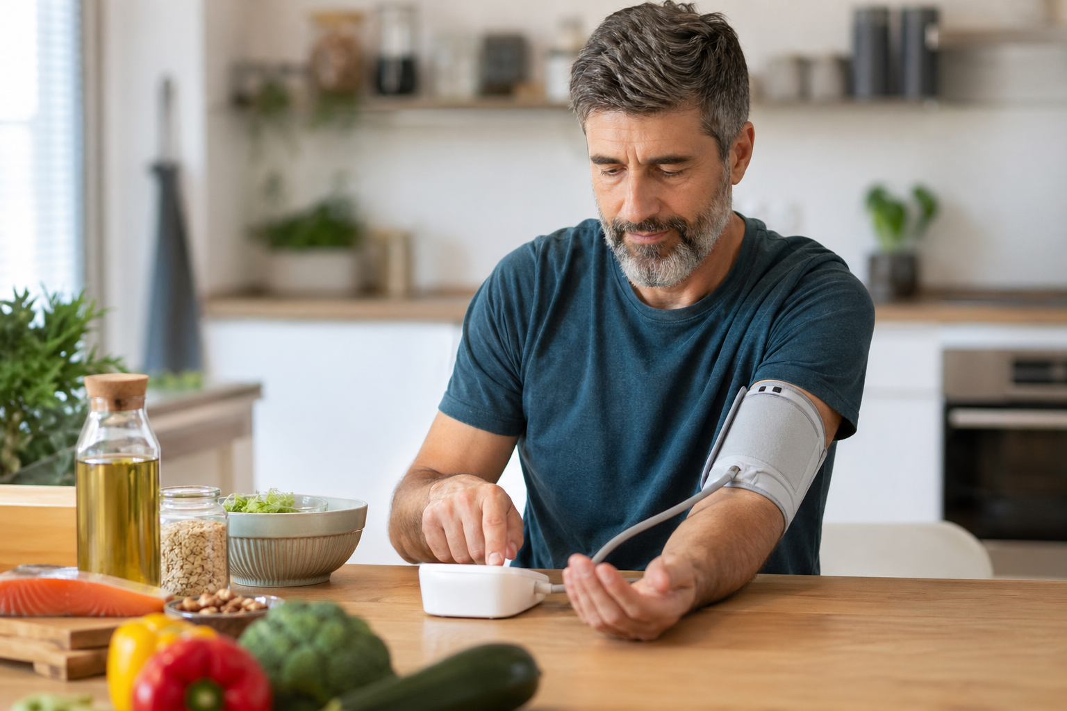 Muž meria krvný tlak v prírodnej zdravej kuchyni s čerstvými ingredienciami.