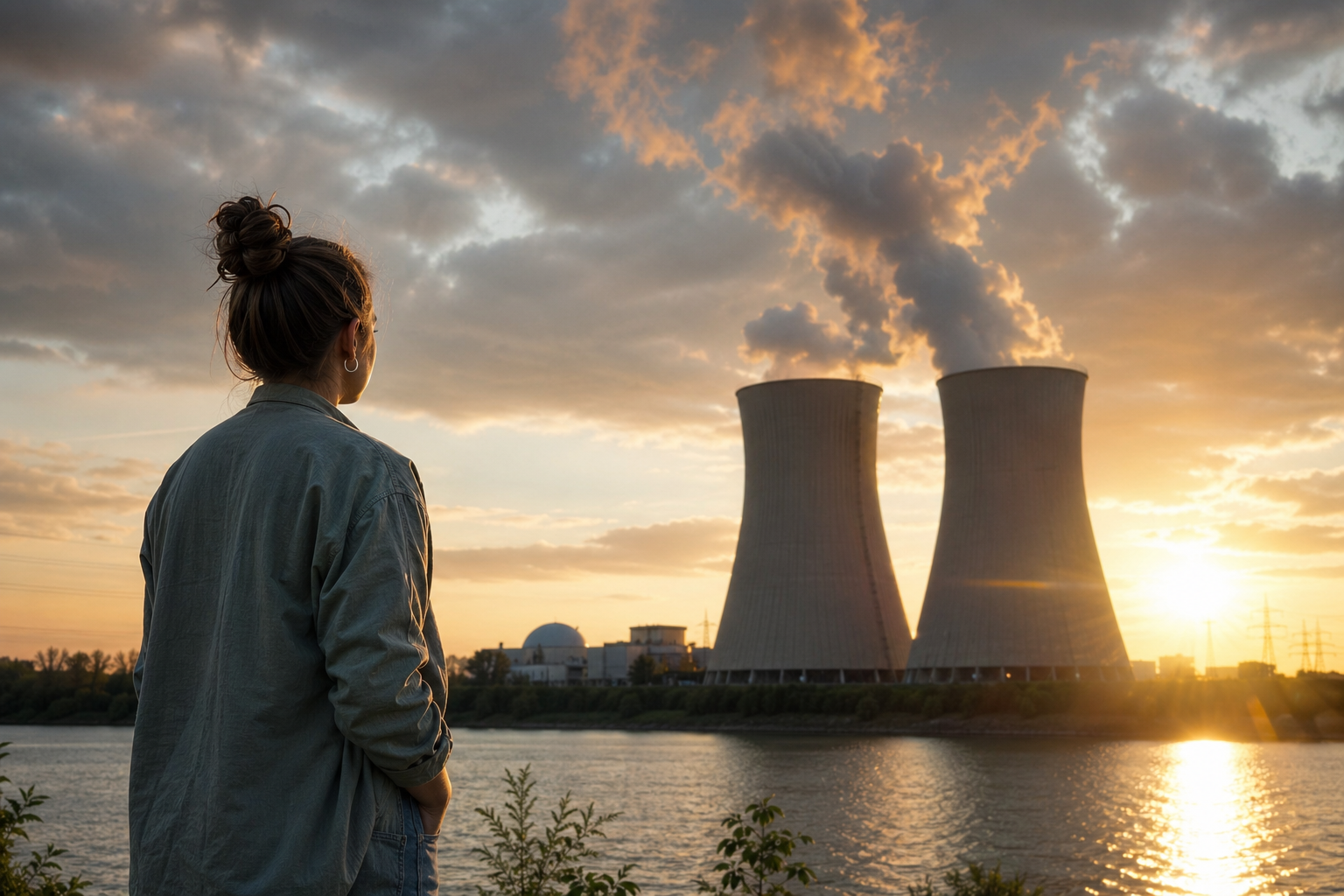 Žena sledujúca atómovú elektráreň pri západe slnka