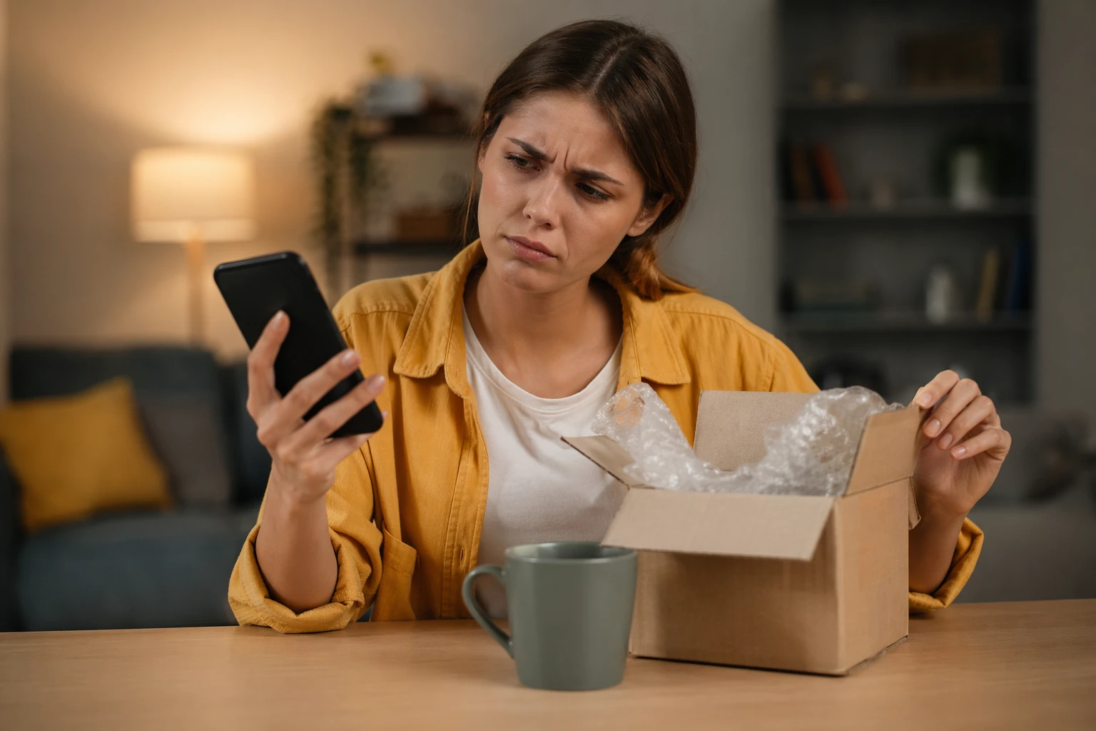 Žena s mobilom a rozbalenou krabicou, uvažujúca o bezplatnej objednávke.