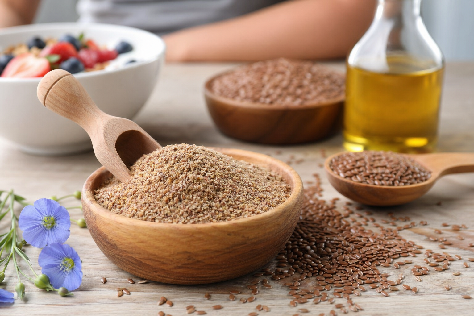 Ľanová múka a semená v drevených miskách s olejom a kvetmi