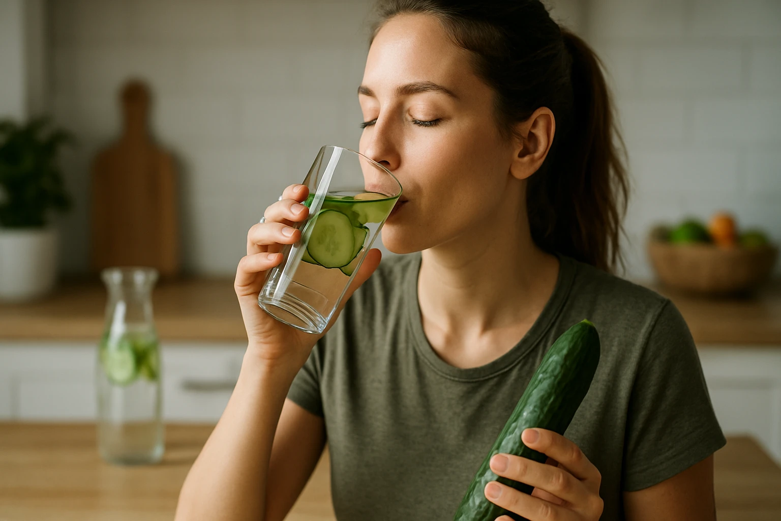 Žena pije uhorkový nápoj, zdravá a hydratačná voľba.