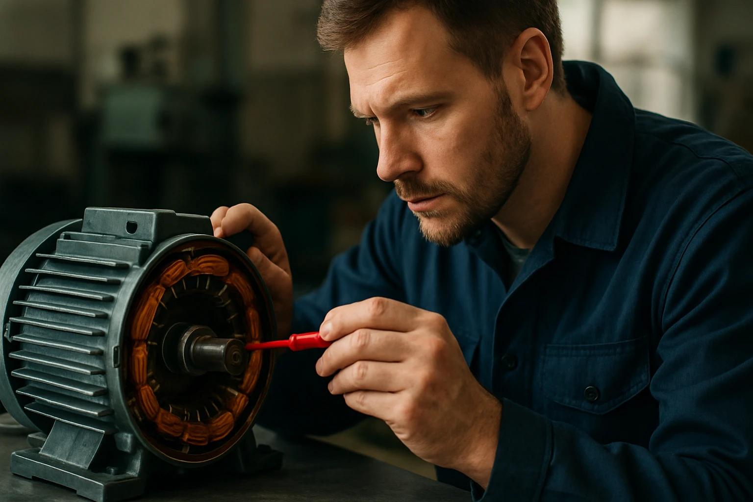 Technik kontroluje elektromotor a jeho súčasti pomocou skrutkovača.