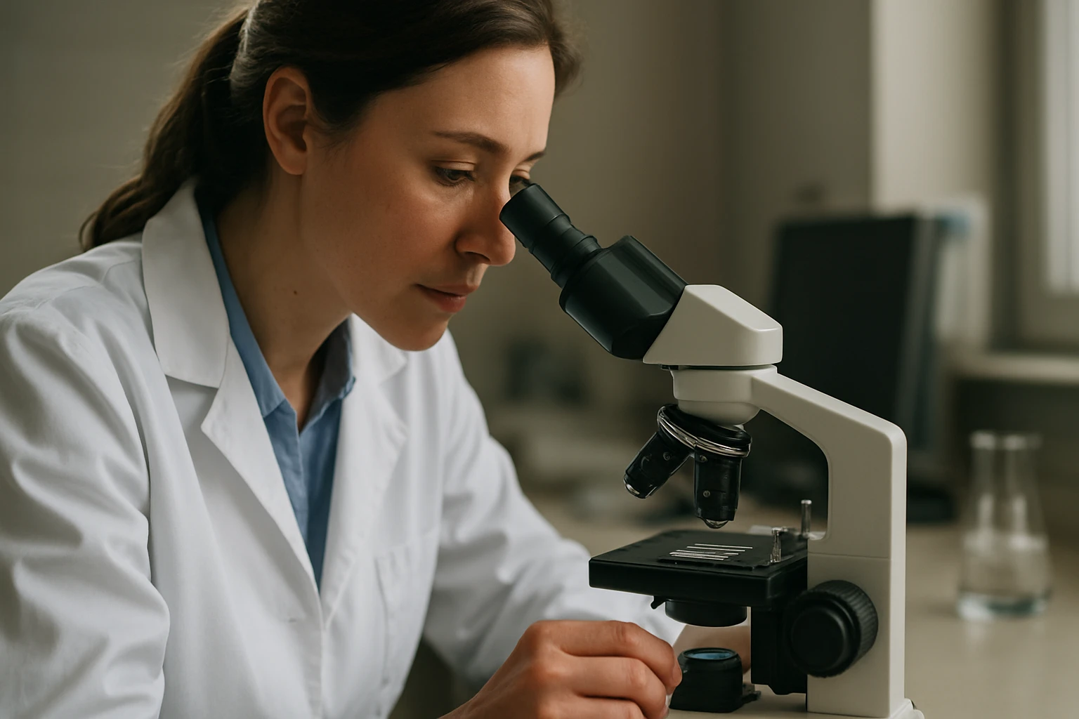 Žena skúma vzorku pod mikroskopom v laboratóriu.