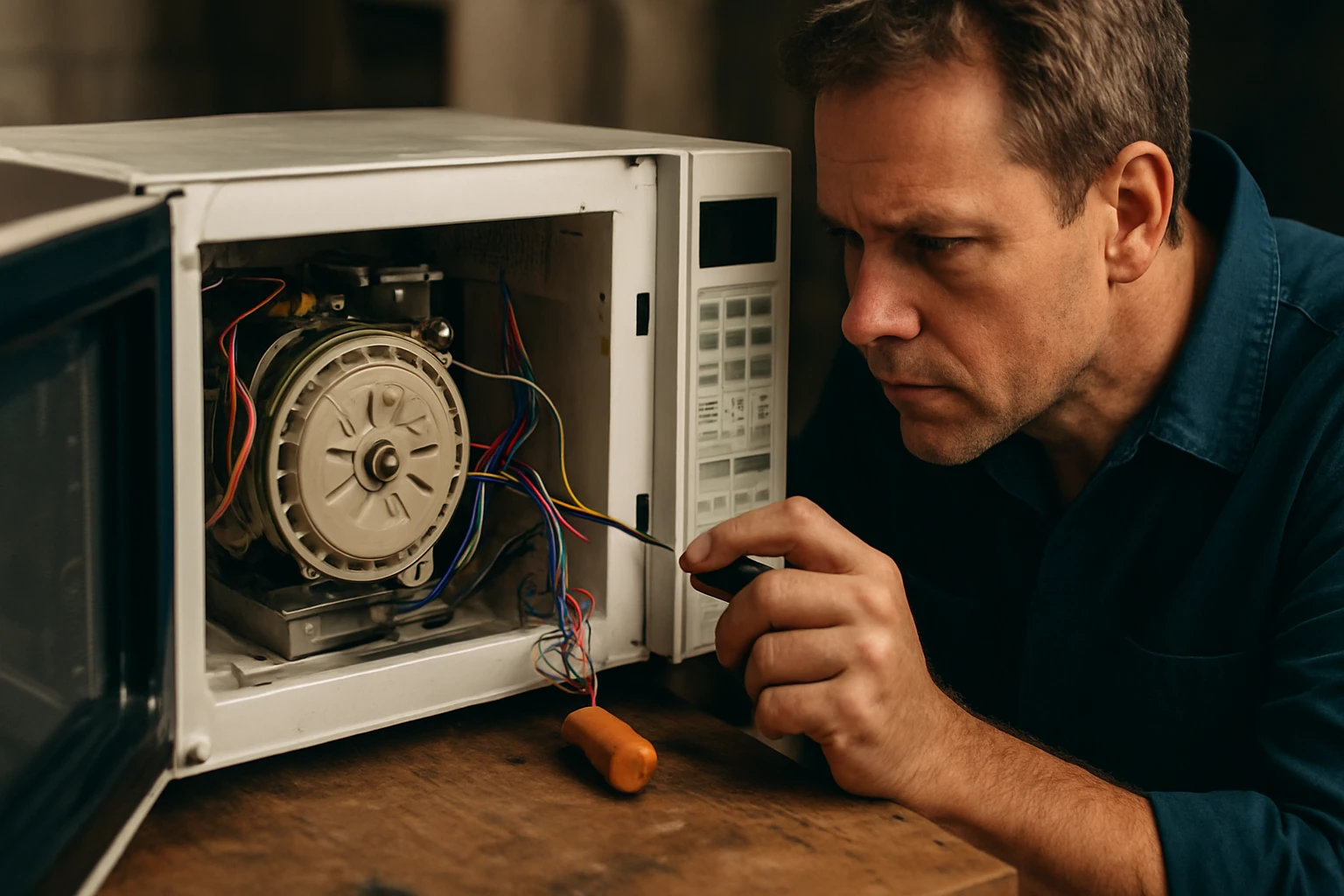 Muž skúma motor otočného taniera v mikrovlnnej rúre.