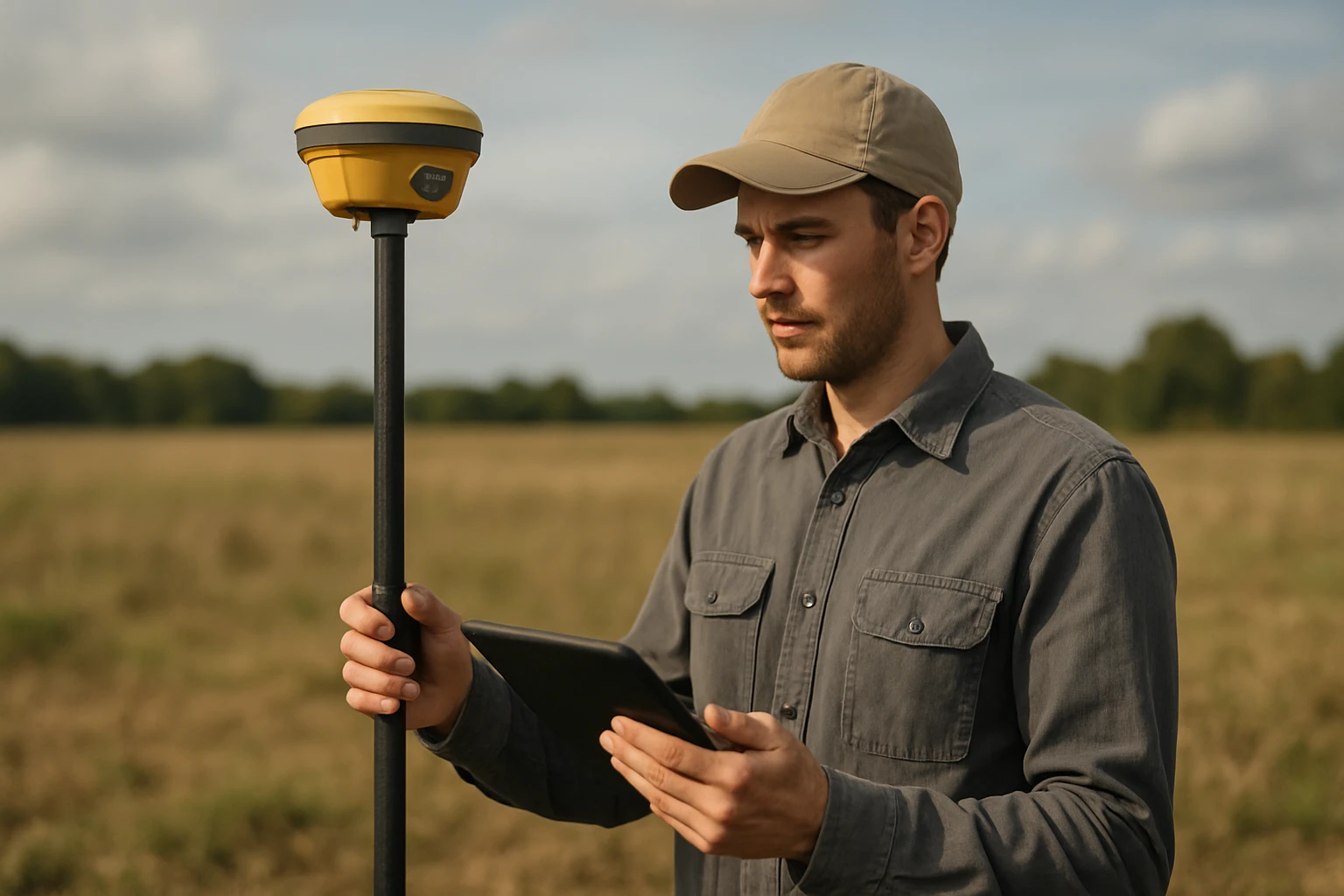 Odborník merania polohy s RTK GPS zariadením v teréne.