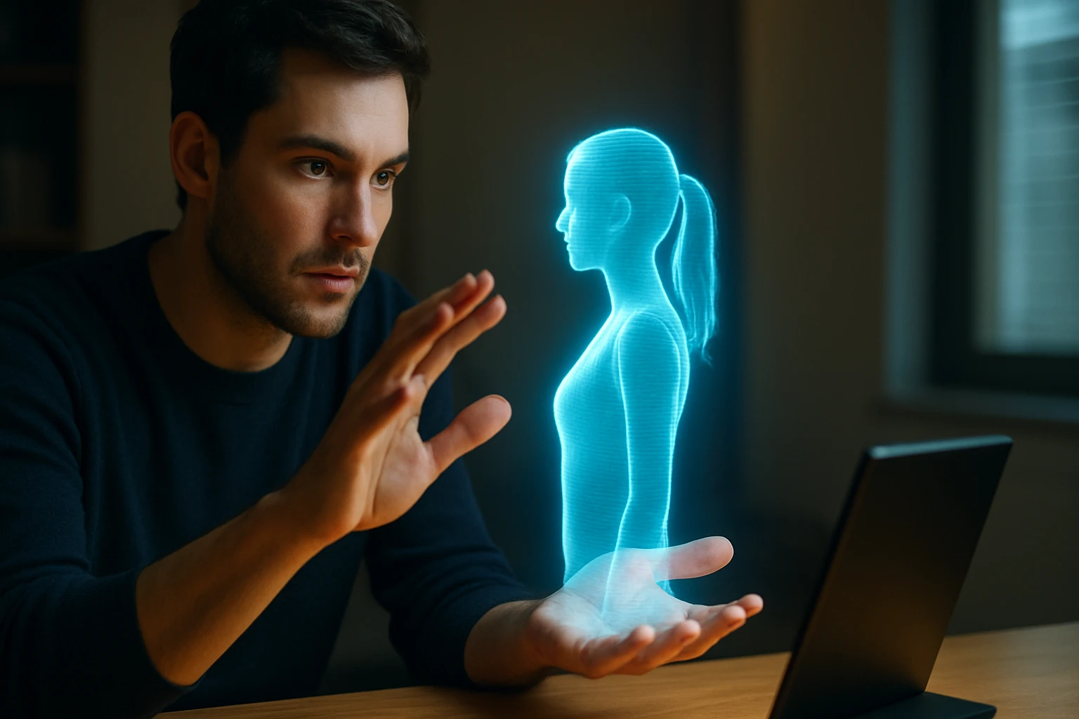 Muž interaguje s holografickým 3D obrazom postavy