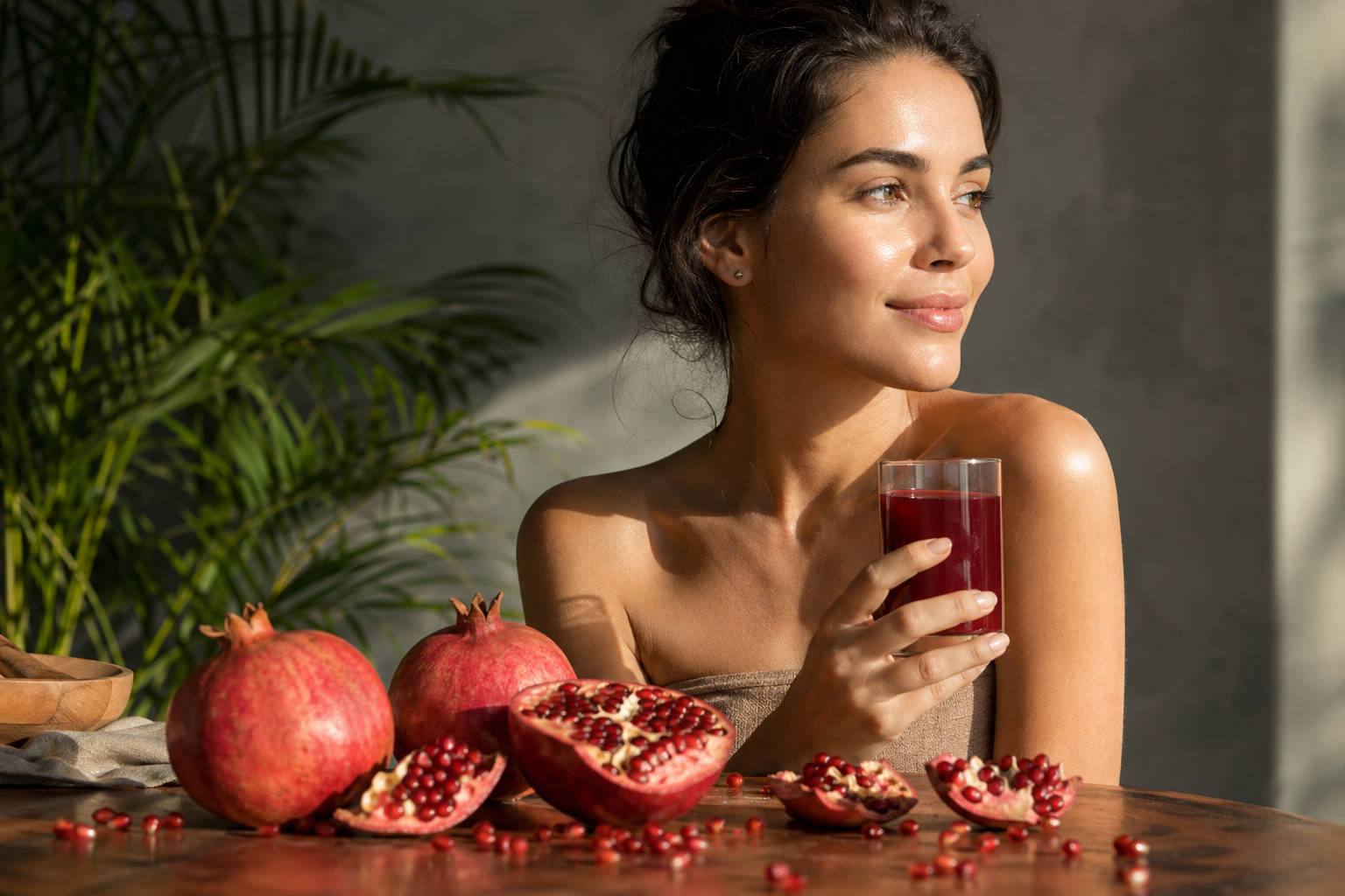 Žena s granátovým jablkom a šťavou na pleť a zdravie