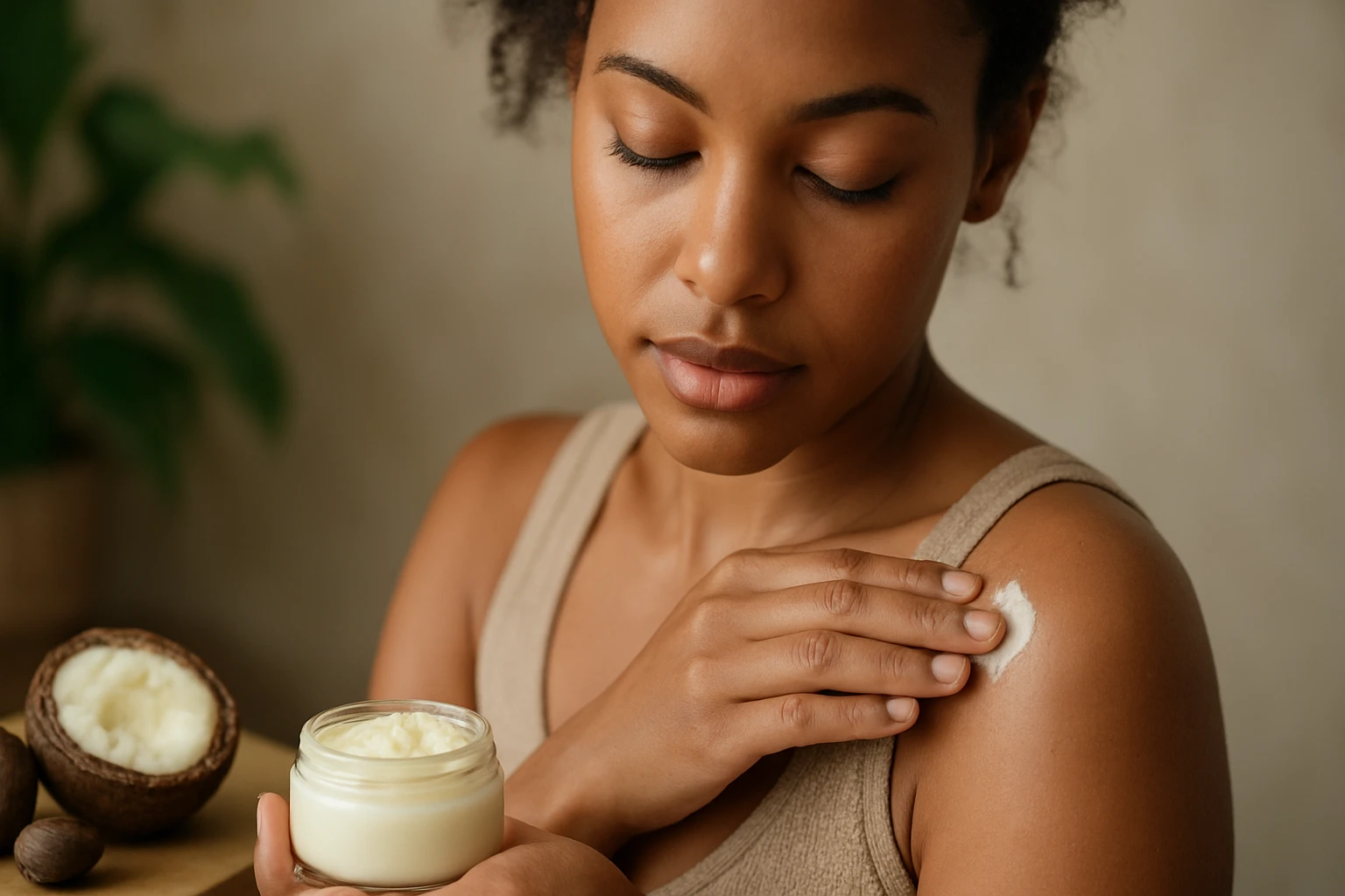Žena nanáša bambucké maslo na pleť pre hydratačné účinky.