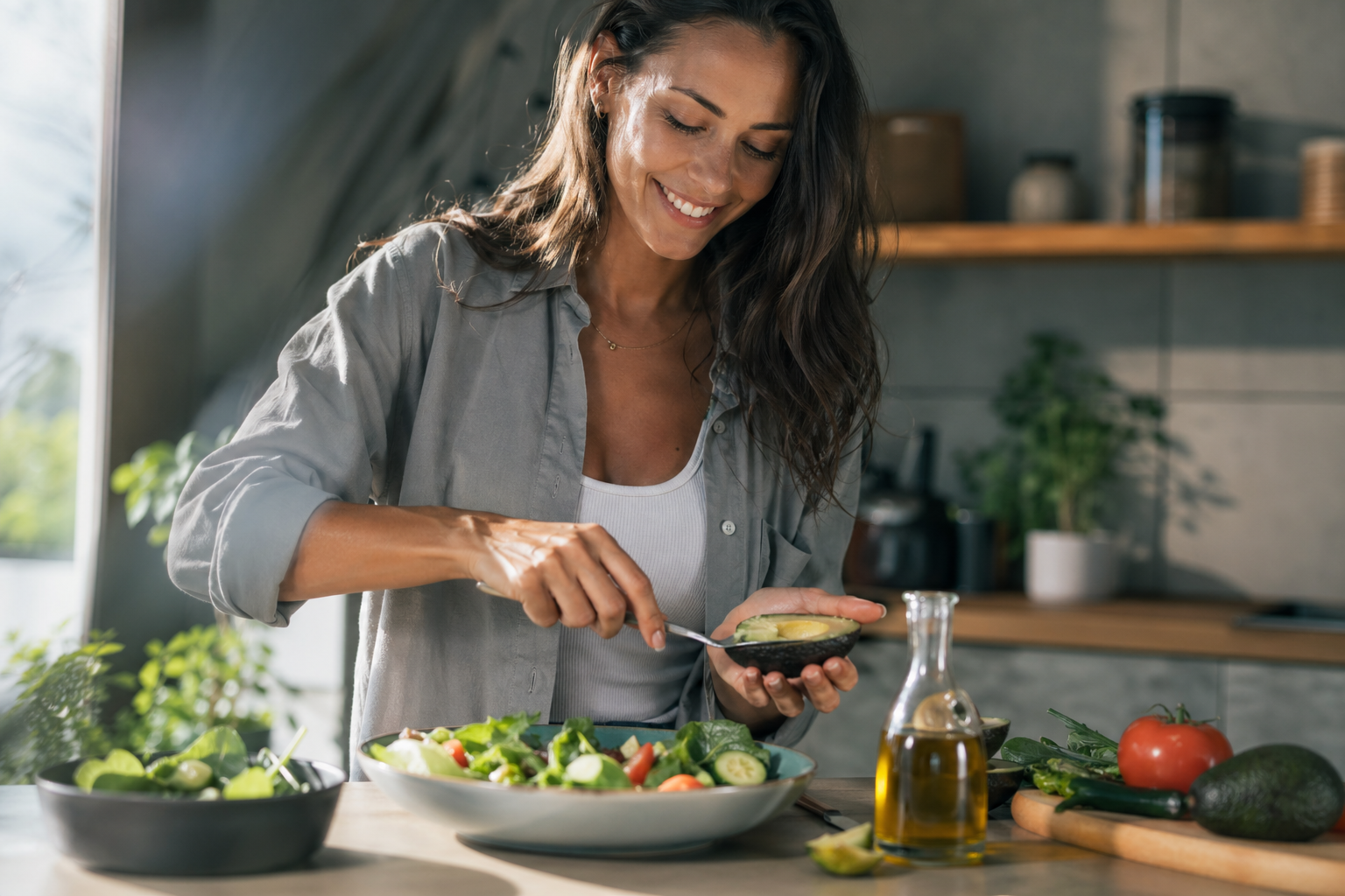 Žena pripravuje zdravý šalát s avokádom a olivovým olejom.
