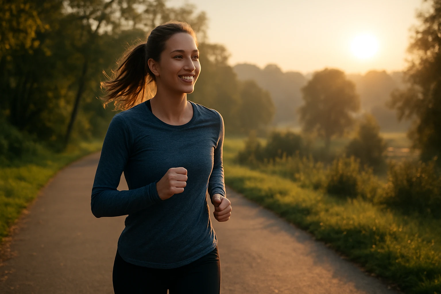 Žena behajúca na ceste pri východe slnka