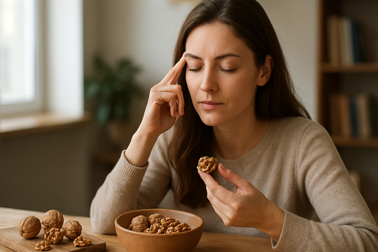 Žena zameraná na vlašské orechy pre zlepšenie duševného zdravia.