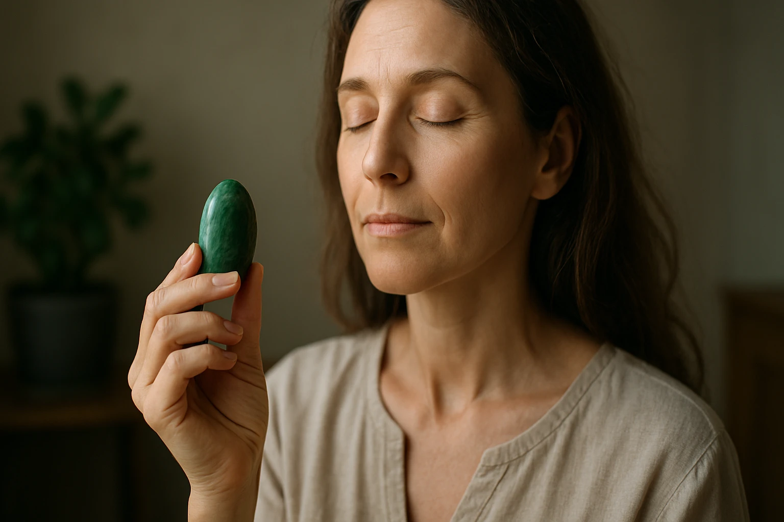 Žena s jadeitovým kameňom, podporujúca vnútorný pokoj a uzdravenie.