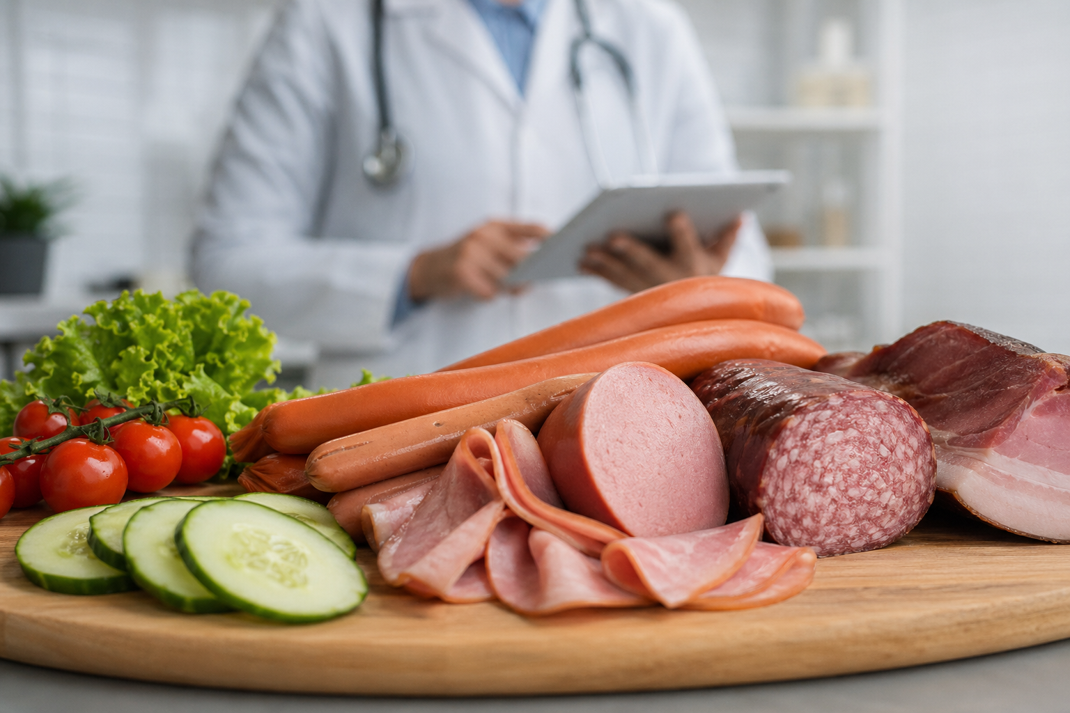 Zelenina a spracované mäso na doske, lekár monitoruje zdravie.