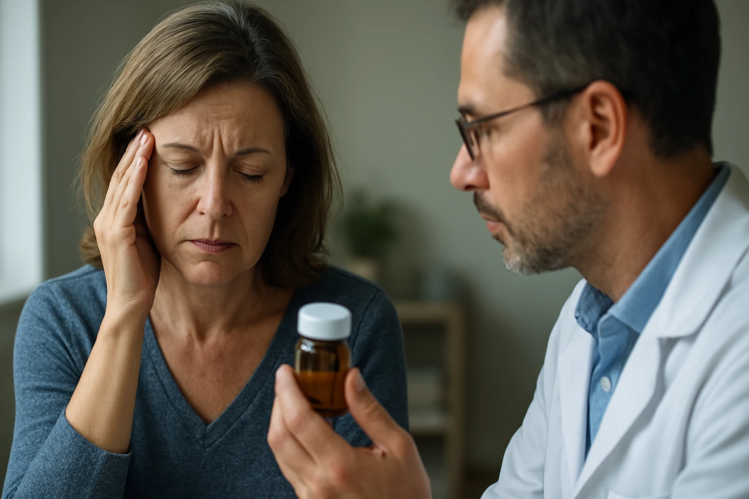 Žena trpiaca bolesťou hlavy hovorí s lekárom o lítiju.