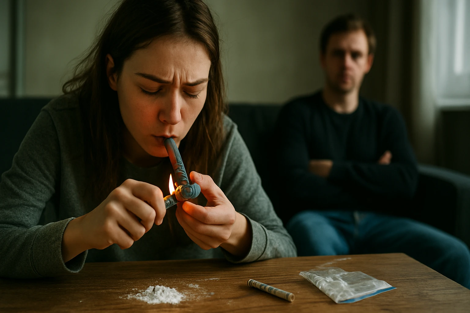 Žena užívajúca drogu GINA s mužom v pozadí